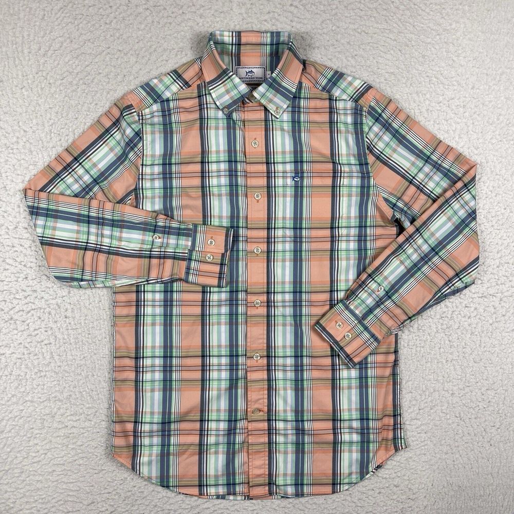 Southern Tide Shirt Mens Small Blue Coral Plaid Performance Casual Preppy